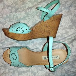 American Eagle cork heeled wedges in robin's egg blue